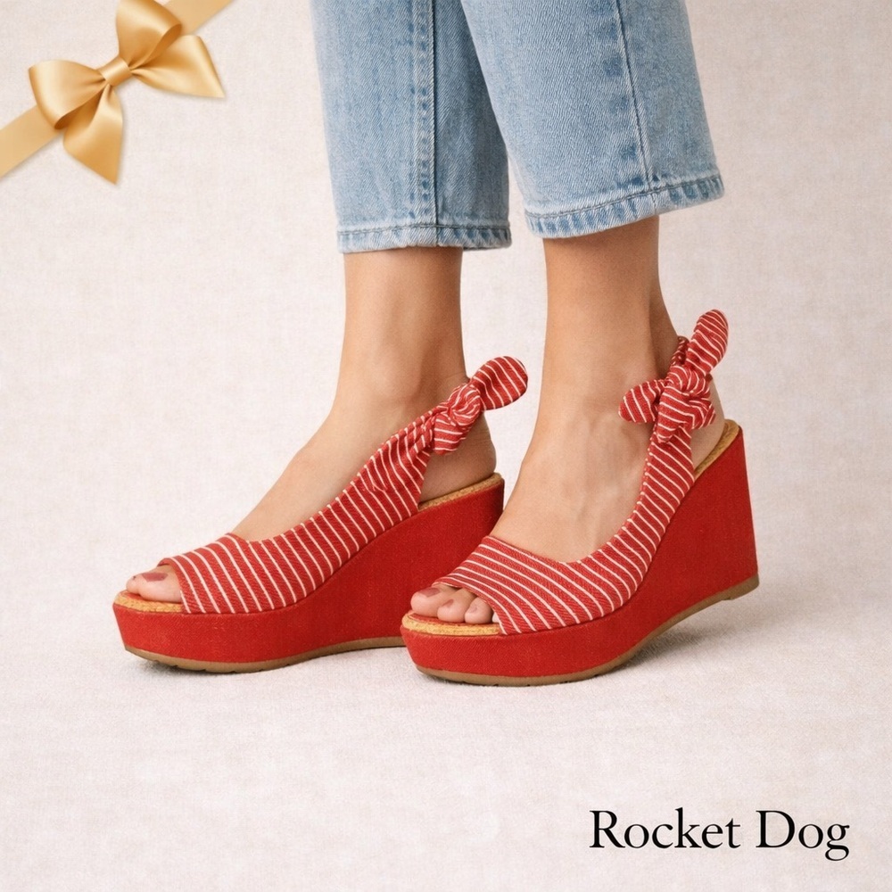 Rocket Dog Red White Striped 4” Wedge Sandals Peep Toe Open Heel Bows